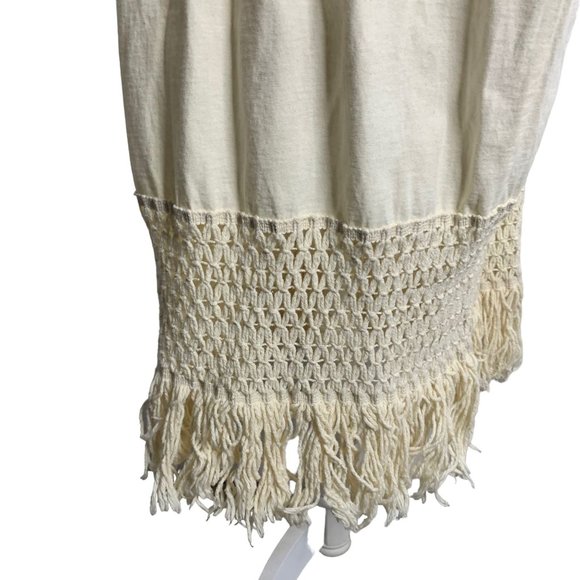 Vintage 90s Hand Painted T Shirt Dress M Cream Crochet Knit Fringe Pockets - Picture 9 of 10